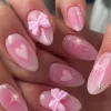 Fashion Dear-Lover Heart Print Bow Rhinestone Decor Almond Shape False Nail Pink