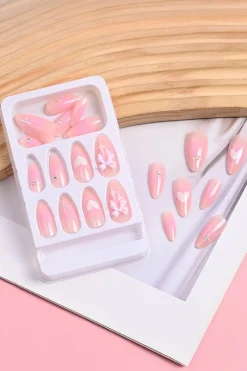 Fashion Dear-Lover Heart Print Bow Rhinestone Decor Almond Shape False Nail Pink