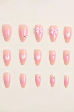 Fashion Dear-Lover Heart Print Bow Rhinestone Decor Almond Shape False Nail Pink
