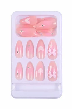 Fashion Dear-Lover Heart Print Bow Rhinestone Decor Almond Shape False Nail Pink