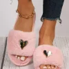 Best Dear-Lover Heart Shape Buckle Decor Open Toe Plush Slippers Pink