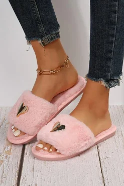 Best Dear-Lover Heart Shape Buckle Decor Open Toe Plush Slippers Pink