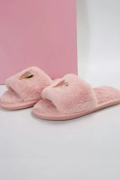 Best Dear-Lover Heart Shape Buckle Decor Open Toe Plush Slippers Pink