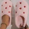Fashion Dear-Lover Heart Shape Embroidered Slip On Plush Slippers Pink