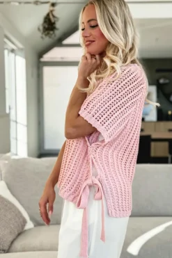 Outlet Dear-Lover Hollow-out Crochet Side Tied Short Sleeve Sweater Pink