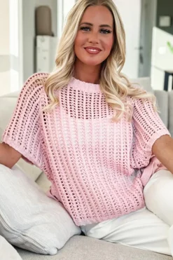 Outlet Dear-Lover Hollow-out Crochet Side Tied Short Sleeve Sweater Pink