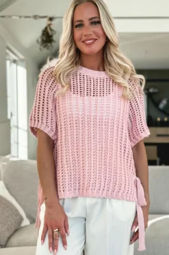 Outlet Dear-Lover Hollow-out Crochet Side Tied Short Sleeve Sweater Pink