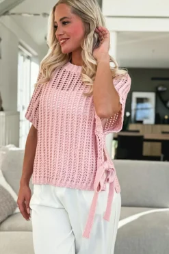 Outlet Dear-Lover Hollow-out Crochet Side Tied Short Sleeve Sweater Pink