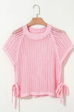 Outlet Dear-Lover Hollow-out Crochet Side Tied Short Sleeve Sweater Pink
