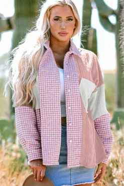 Outlet Dear-Lover Houndstooth Color Contrast Textured Patchwork Loose Shacket Pink