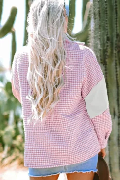 Outlet Dear-Lover Houndstooth Color Contrast Textured Patchwork Loose Shacket Pink