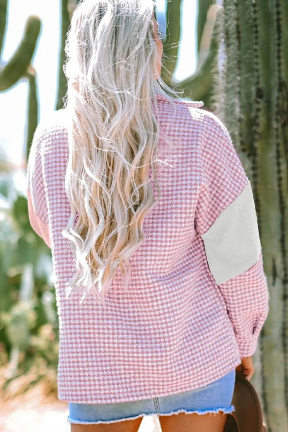 Outlet Dear-Lover Houndstooth Color Contrast Textured Patchwork Loose Shacket Pink