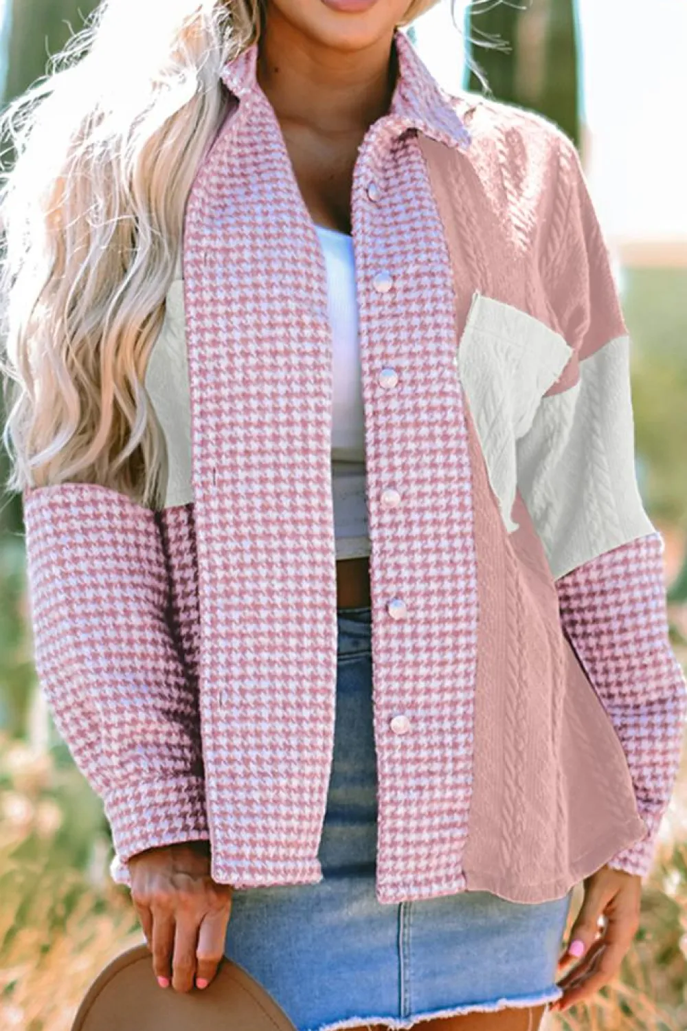 Outlet Dear-Lover Houndstooth Color Contrast Textured Patchwork Loose Shacket Pink