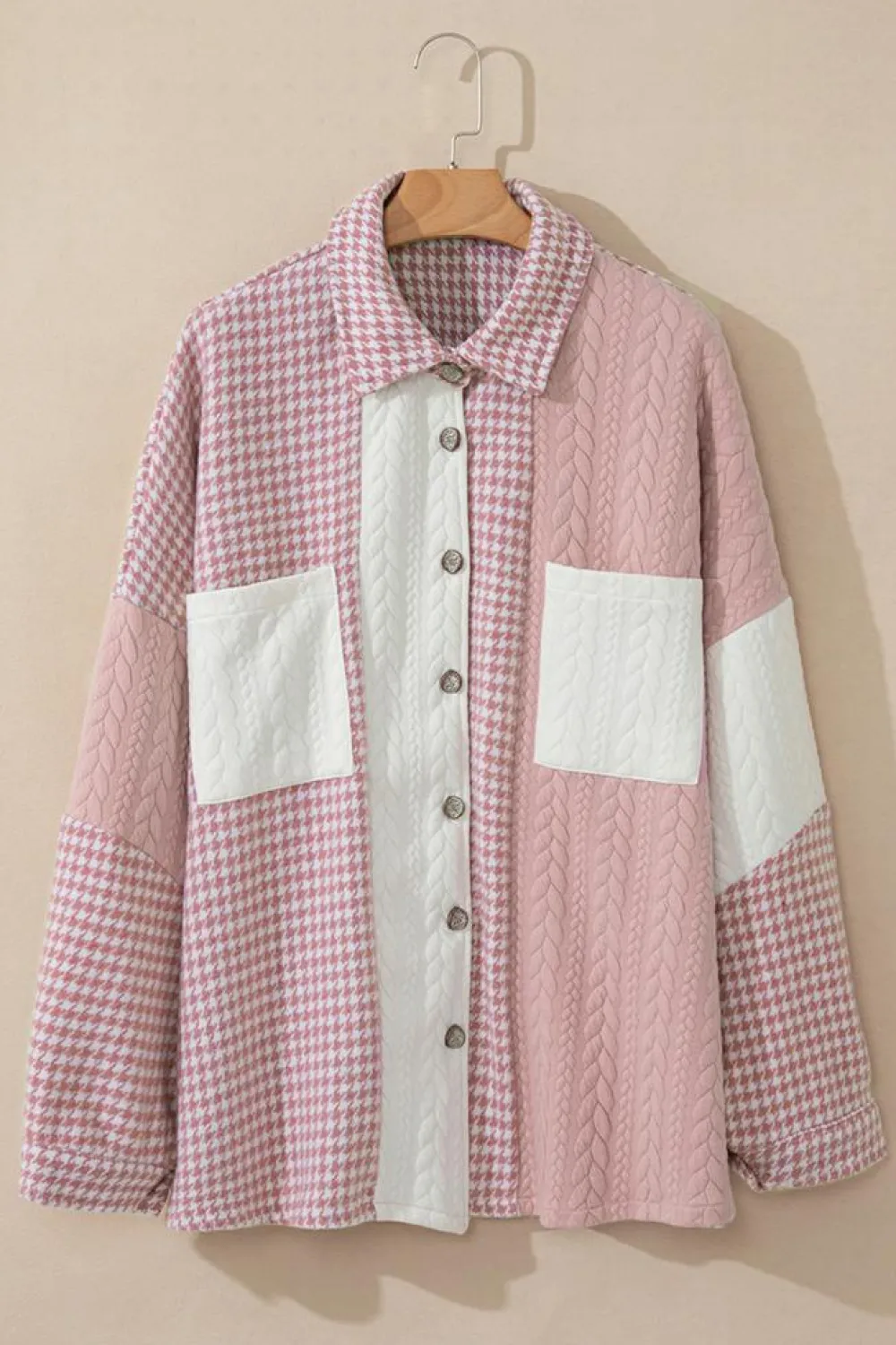 Outlet Dear-Lover Houndstooth Color Contrast Textured Patchwork Loose Shacket Pink