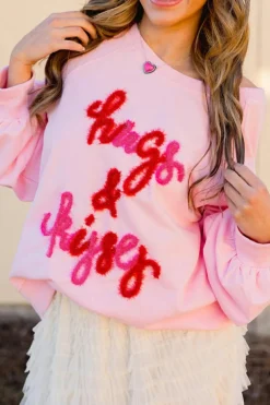 Online Dear-Lover Hugs and Kisses Pop Up Embroidered Raglan Sleeve Sweatshirt Pink