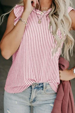 Best Dear-Lover Khaki Striped Crew Neck Ruffled Tank Top Pink