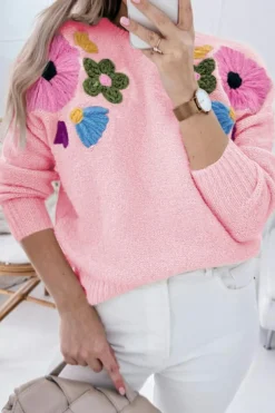 Discount Dear-Lover Knitted Flower Pattern Ribbed Edge Sweater Pink