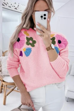Discount Dear-Lover Knitted Flower Pattern Ribbed Edge Sweater Pink