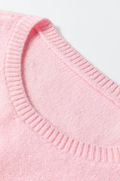 Discount Dear-Lover Knitted Flower Pattern Ribbed Edge Sweater Pink
