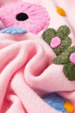Discount Dear-Lover Knitted Flower Pattern Ribbed Edge Sweater Pink