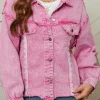 Hot Dear-Lover Lace Patchwork Distressed Buttoned Denim Jacket Pink