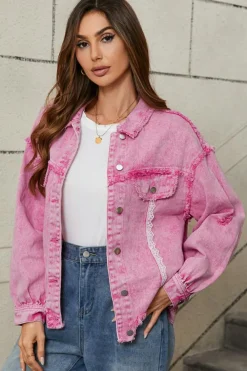 Hot Dear-Lover Lace Patchwork Distressed Buttoned Denim Jacket Pink