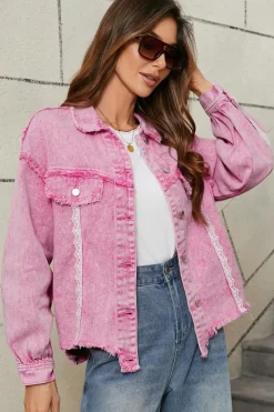 Hot Dear-Lover Lace Patchwork Distressed Buttoned Denim Jacket Pink