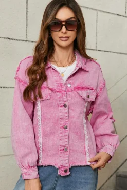 Hot Dear-Lover Lace Patchwork Distressed Buttoned Denim Jacket Pink