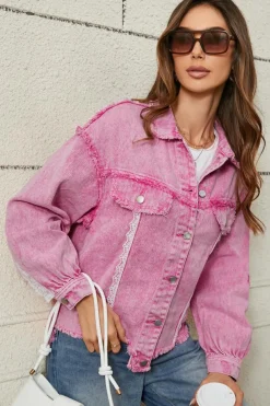Hot Dear-Lover Lace Patchwork Distressed Buttoned Denim Jacket Pink