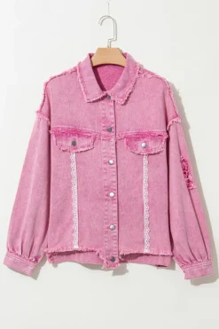 Hot Dear-Lover Lace Patchwork Distressed Buttoned Denim Jacket Pink