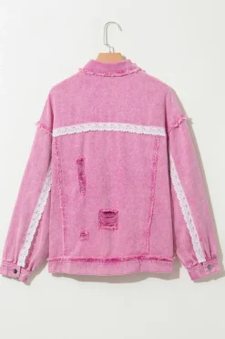 Hot Dear-Lover Lace Patchwork Distressed Buttoned Denim Jacket Pink