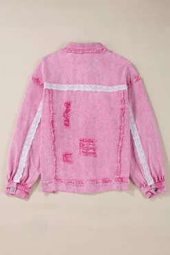 Hot Dear-Lover Lace Patchwork Distressed Buttoned Denim Jacket Pink