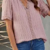 Online Dear-Lover Lace Splicing V-Neck Swiss Dot Short Sleeve Top Pink