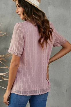 Online Dear-Lover Lace Splicing V-Neck Swiss Dot Short Sleeve Top Pink
