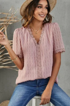 Online Dear-Lover Lace Splicing V-Neck Swiss Dot Short Sleeve Top Pink