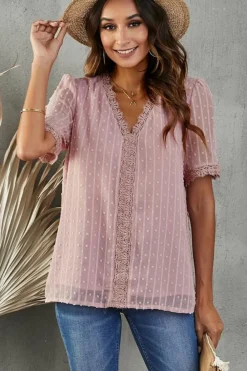 Online Dear-Lover Lace Splicing V-Neck Swiss Dot Short Sleeve Top Pink