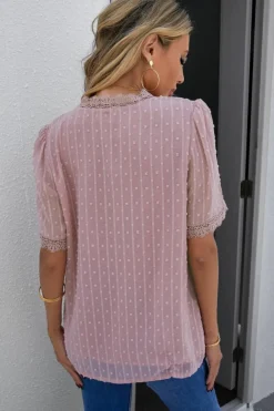 Online Dear-Lover Lace Splicing V-Neck Swiss Dot Short Sleeve Top Pink