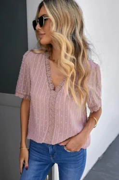 Online Dear-Lover Lace Splicing V-Neck Swiss Dot Short Sleeve Top Pink