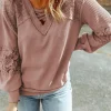 Online Dear-Lover Lace Waffle Patchwork Strappy V Neck Long Sleeve Top Pink