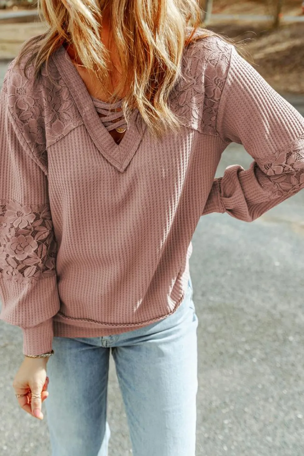 Online Dear-Lover Lace Waffle Patchwork Strappy V Neck Long Sleeve Top Pink