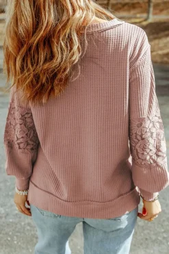 Online Dear-Lover Lace Waffle Patchwork Strappy V Neck Long Sleeve Top Pink