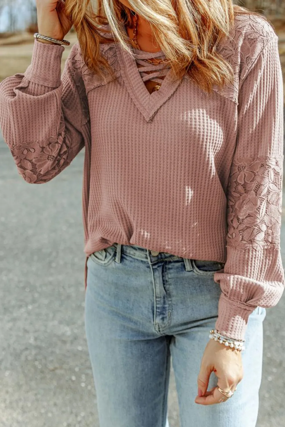 Online Dear-Lover Lace Waffle Patchwork Strappy V Neck Long Sleeve Top Pink