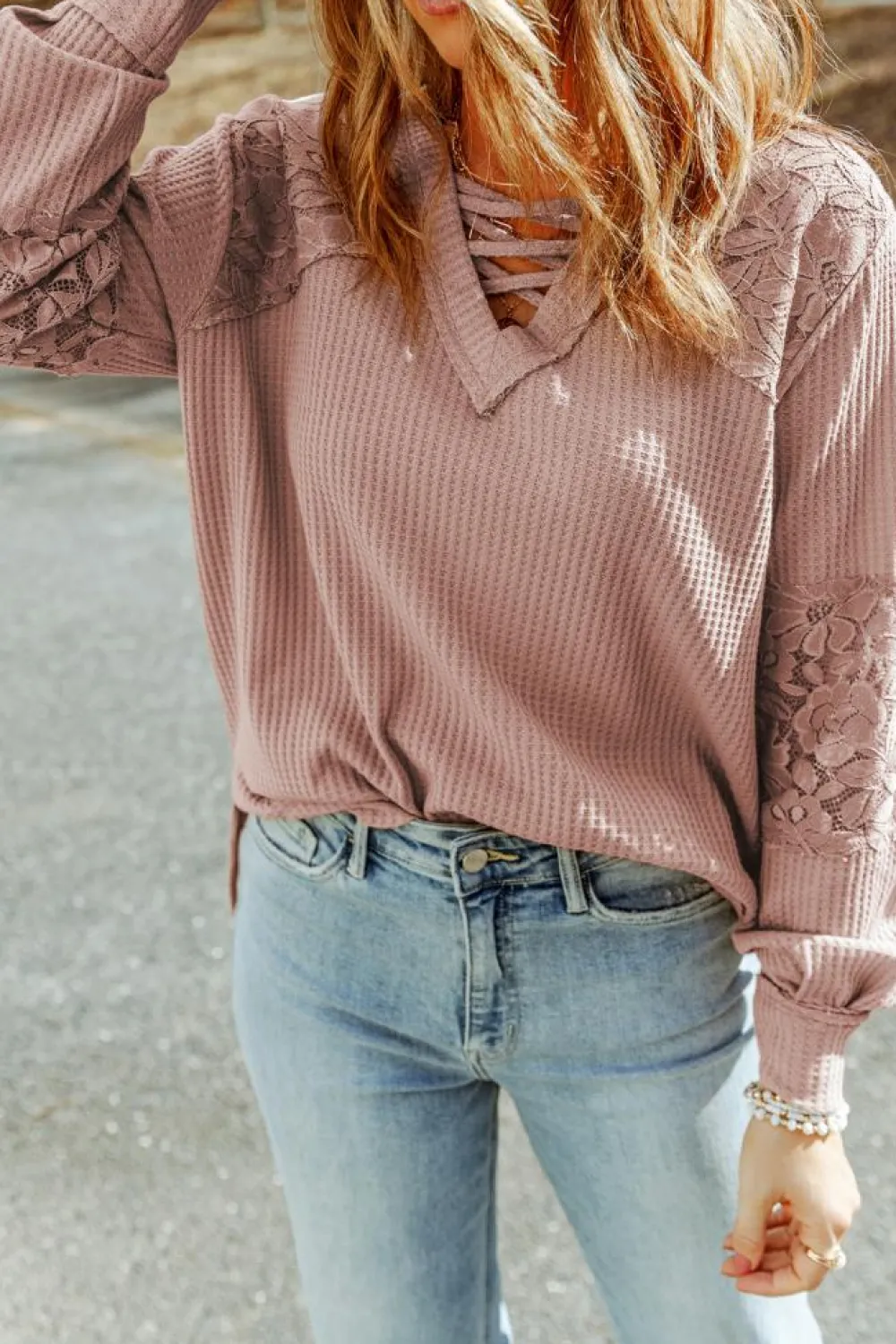 Online Dear-Lover Lace Waffle Patchwork Strappy V Neck Long Sleeve Top Pink