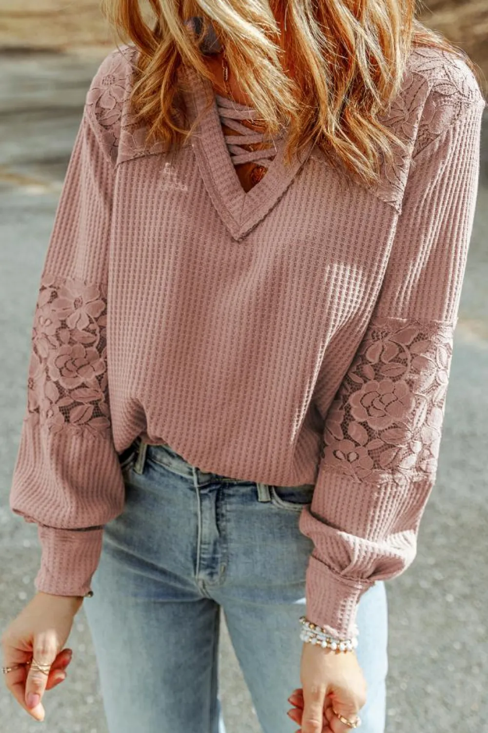 Online Dear-Lover Lace Waffle Patchwork Strappy V Neck Long Sleeve Top Pink