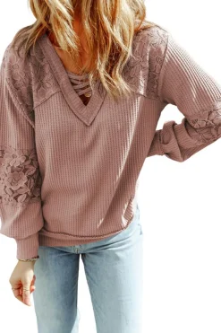 Online Dear-Lover Lace Waffle Patchwork Strappy V Neck Long Sleeve Top Pink