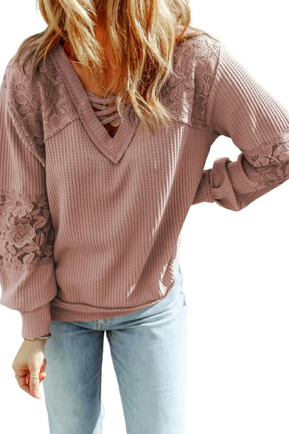 Online Dear-Lover Lace Waffle Patchwork Strappy V Neck Long Sleeve Top Pink