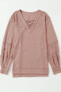 Online Dear-Lover Lace Waffle Patchwork Strappy V Neck Long Sleeve Top Pink