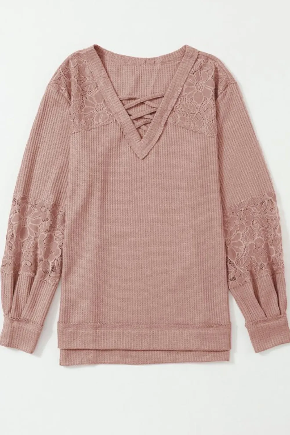 Online Dear-Lover Lace Waffle Patchwork Strappy V Neck Long Sleeve Top Pink
