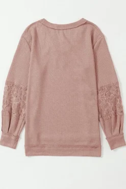 Online Dear-Lover Lace Waffle Patchwork Strappy V Neck Long Sleeve Top Pink