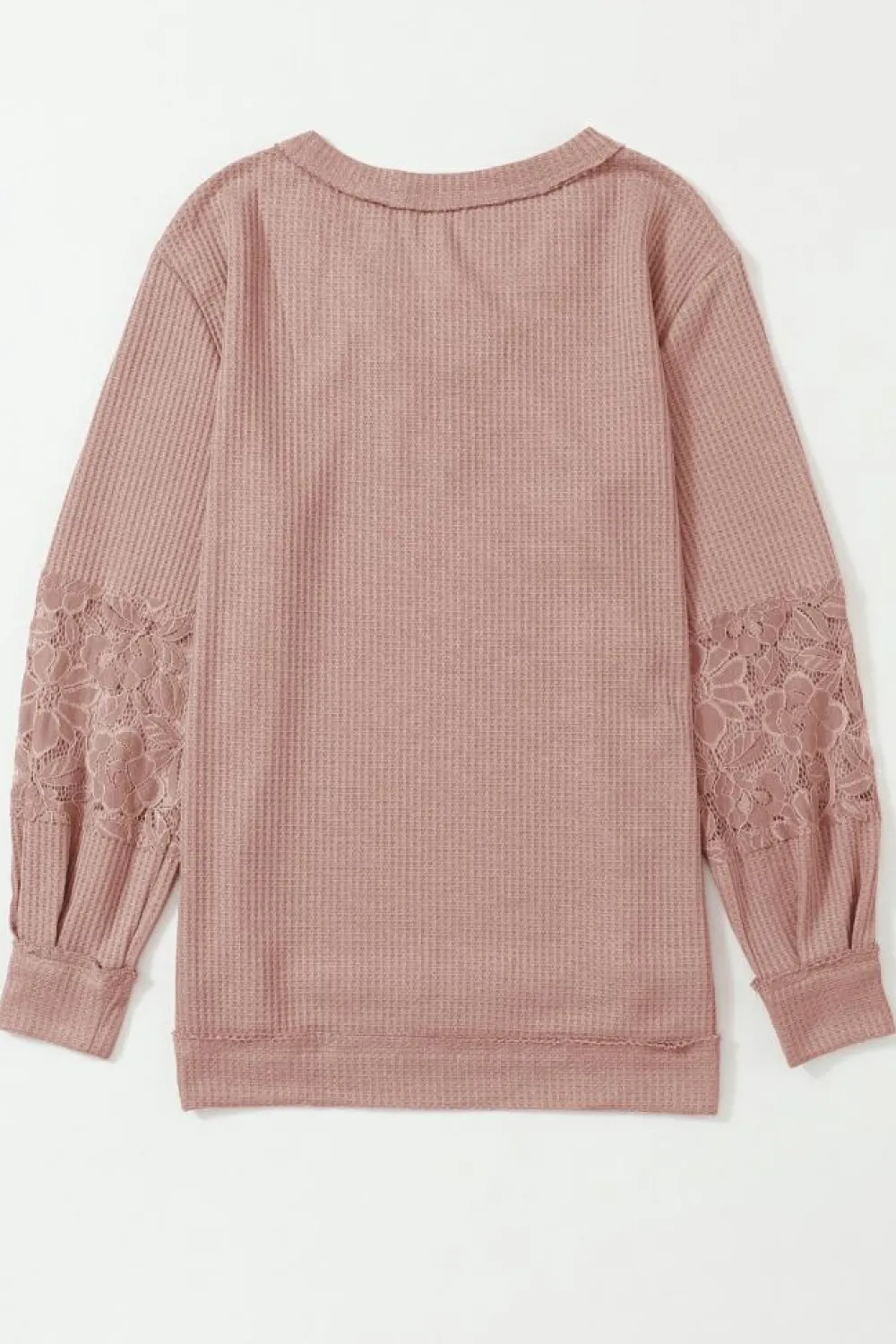 Online Dear-Lover Lace Waffle Patchwork Strappy V Neck Long Sleeve Top Pink